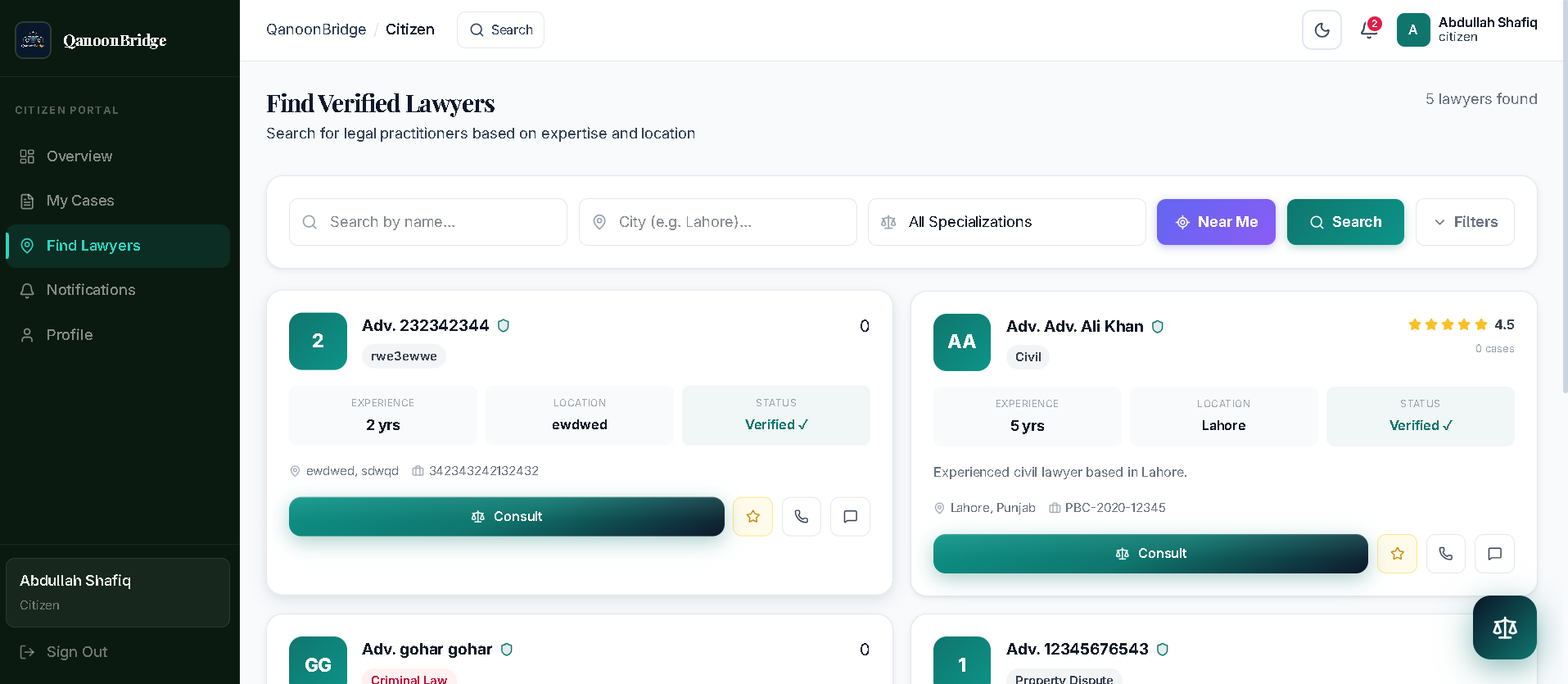 QanoonBridge citizen dashboard — case tracker and nearby lawyers